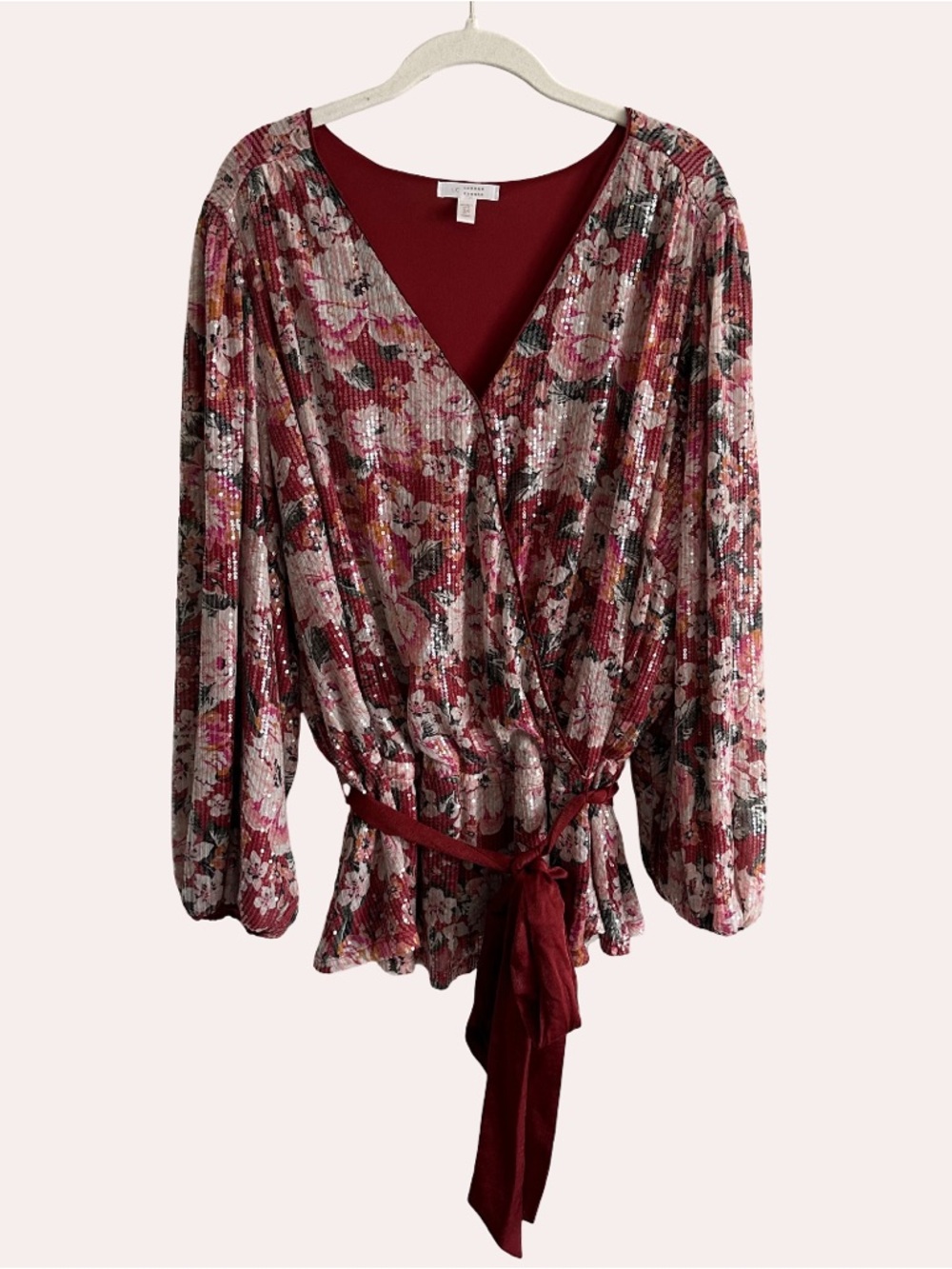 LC Lauren Conrad Puff Sleeve Sequin Wrap Top Belted Long Sleeve Floral Plus Size